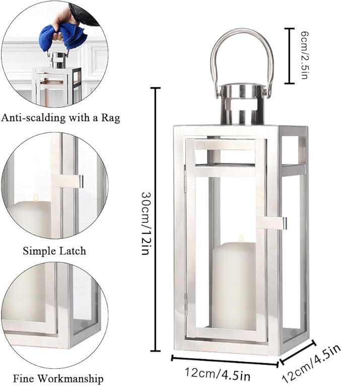 TRIROCKS Set of 2 Stainless Steel Decorative Lantern 12'' High Metal Hanging Lantern with Clear Glass Panels Perfect for Home Decor Living Room Parties Events Tabletop Indoors Outdoors (Silver)-Ruum Studio Home