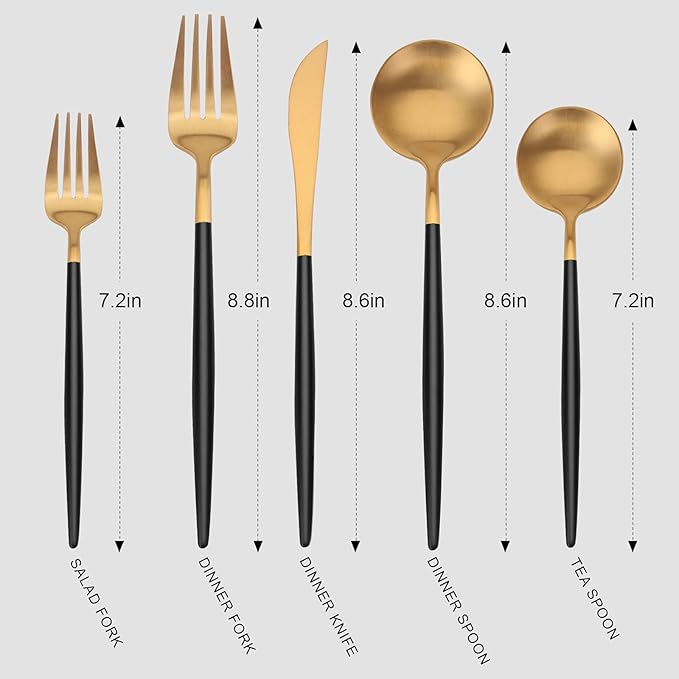 Matte Gold Silverware Set with black handle, Vanys 20 Piece Stainless Steel Cutlery Flatware Set, Kitchen Utensil Sets for 4, Tableware With Knife Spoons And Forks Set, Satin Finished Polished-Ruum Studio Home