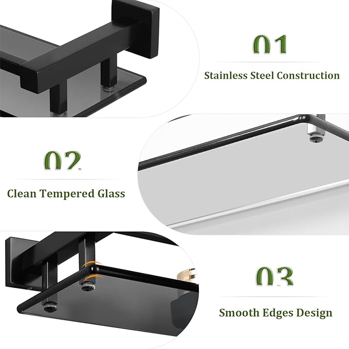 Alise Bathroom Glass Shelf with Stainless Steel Railing, Matte Black Small Tempered Glass Floating Wall Shelf Over The Toilet, 16 inch-Ruum Studio Home