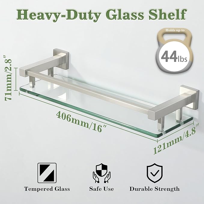 Alise Bathroom Glass Shelf with Stainless Steel Railing, Brushed Nickel Small Tempered Glass Floating Wall Shelf Over The Toilet, 16 inch-Ruum Studio Home