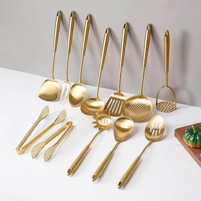 Gold Kitchen Utensils Set, 12 PCS Brass Matte Serving Utensils, 18/10 Stainless Steel All Metal Cooking Tools - Potato Masher, Tongs, Meat Fork, Spatula, Turner, Ladle, Skimmer, Spaghetti Spoon Set-Ruum Studio Home