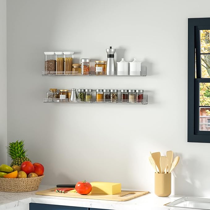 Acrylic Wall Spice Rack Organizer, Seasoning Rack Shelf Organizer, Clear Wall Mounted Spice Rack Condiment Organizer with Additional Removable Middle Divider, 4 Pack…-Ruum Studio Home