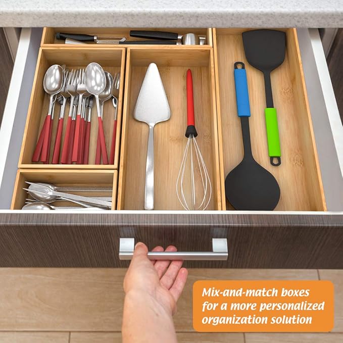 Bamboo Kitchen Drawer Organizer, Wooden Storage Box for Utensil Organizer Silverware Tray Cutlery Holder Flatware Containers - Multi-Use Deep Drawer Dividers Organizer for Bathroom, Jewelry, 12"6"2.5"-Ruum Studio Home
