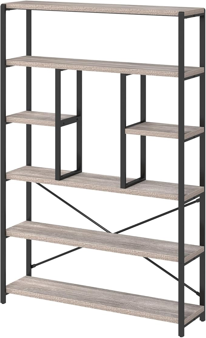 LVB Industrial 6 Tier Bookshelf, Large Tall Open Rustic Vintage Etagere Bookcase, Gray Big Wide Modern Farmhouse Wood and Metal Book Shelf for Home Bedroom Living Room Office Storage, Light Grey Oak-Ruum Studio Home