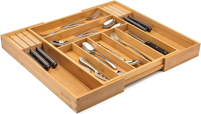 Bamboo Drawer Organizer with Knife Blocks - Silverware Organizer & Utensil Drawer Organizer, Cutlery Tray with Dividers, 7-9 Slots- Premium Kitchen Organizer for Utensils & Flatware (Natural)-Ruum Studio Home