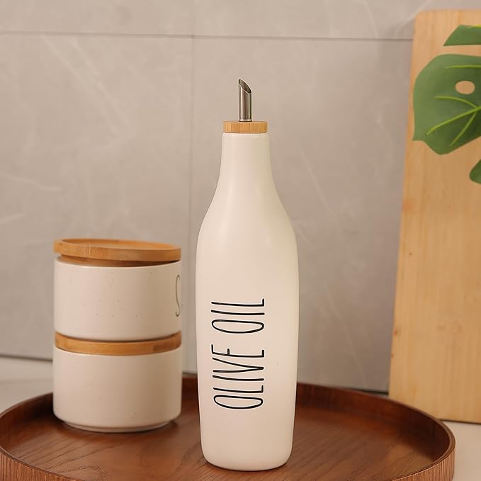 HOMCDALY Ceramic Olive Oil Dispenser for Kitchen, Stoneware 16oz Oil Cruet and Vinegar Bottles Dispenser, Kitchen Dispenser Bottle for EVOO Vinegar Syrups, Modern Farmhouse Design(W-O)-Ruum Studio Home