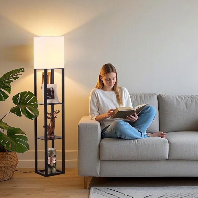 HomeFocus - Floor Lamp with Shelves,Shelf Floor Lamp with LED Bulb,Bookshelf Corner Display Lamp for Living Room,Bedroom and Office,White Linen Shade,Rustic Wood,Black-Ruum Studio Home