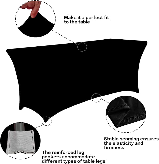IVAPUPU 2 Pack 8FT Table Cloth for Rectangular Fitted Events Stretch Black Table Covers Washable Spandex Tablecloth Protector for Party, Wedding, Cocktail, Banquet, Festival