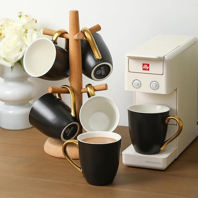 vicrays Coffee Mug Set, 11 Ounce, Set of 6, Ceramic Mug for Men, Women, Unique Glazed Mugs with Handle for Coffee, Tea, Milk, Cocoa, Cereal(Black with Golden)