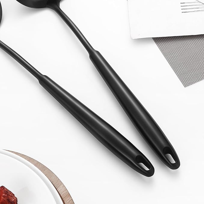 304 Stainless Steel Cooking Utensils,6 Pcs Kitchen Cooking Utensils Set with Spatula, Solid Spoon, Ladle, Skimmer, Spaghetti Spoon,Dishwasher Safe(Black)-Ruum Studio Home