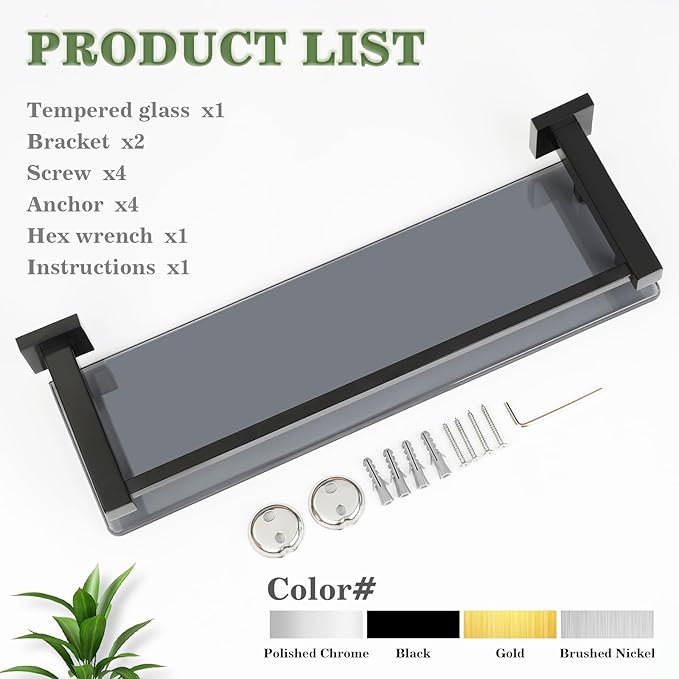 Alise Bathroom Glass Shelf with Stainless Steel Railing, Matte Black Small Tempered Glass Floating Wall Shelf Over The Toilet, 16 inch-Ruum Studio Home
