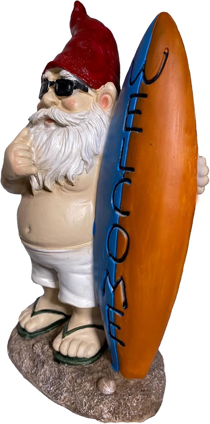 Surfer Garden Sculpture | Party Gnome Garden Statue |Surfing gnome |Funny Lawn Gnome Statue - 10 inches-Ruum Studio Home