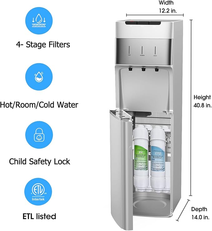 Self Cleaning Bottleless Water Cooler Dispenser with 4 Stage Water Filter 3 Temperature Settings Silver-Ruum Studio Home