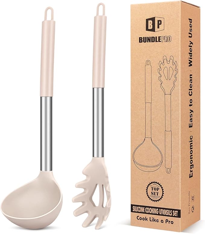 Silicone Pasta Fork and Ladle Spoon Set, Large Non Stick Kitchen Utensils for Cooking,Stirring,Serving Spaghetti, Soup, Sauce (KHAKI)-Ruum Studio Home
