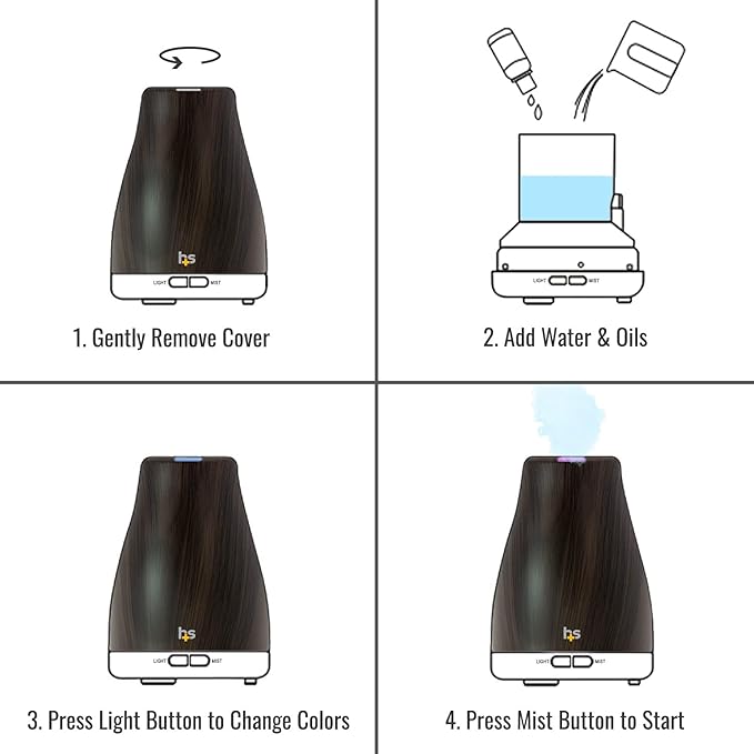 HealthSmart Essential Oil Diffuser, Cool Mist Humidifier and Aromatherapy Diffuser with 150ML Tank Ideal for Small Rooms, Adjustable Timer and Mist Mode, Wood Grain Brown-Ruum Studio Home