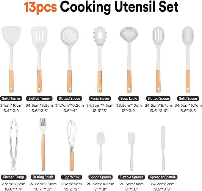 Kitchen Utensils Set, 13PCS Silicone Cooking Utensils, Heat Resistant Kitchen Utensil Spatula Set for Nonstick Cookware, Wooden Handles Kitchen Gadgets Tools Set-Ruum Studio Home