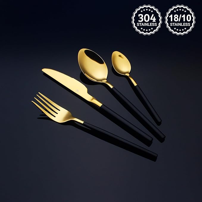 24 Piece Silverware Set For 6 Gold & Matte Black Handle Heavy duty 18/10 Stainless Steel Flatware Set Modern Design Knife/Fork/Spoon Mirror Polished Dishwasher Safe Cutlery Set with Gifts-Ruum Studio Home