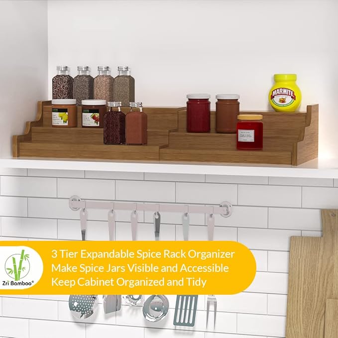Bamboo Spice Rack Cabinet Organizer - 3 Tier Wooden Expandable Walnut Display Shelf-Ruum Studio Home
