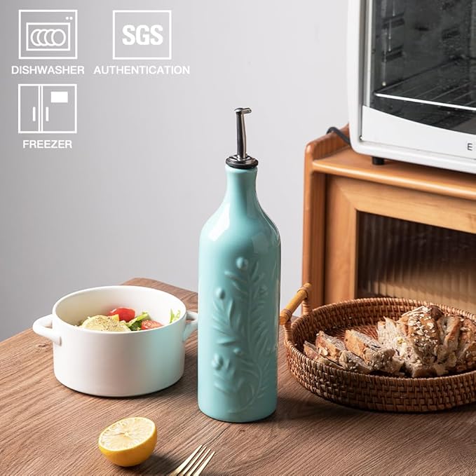 Sweejar Large Olive Oil Dispenser Bottle with Spout, 24 Oz Ceramic Oil Dispenser for Kitchen, Relief Opaque Oil Cruet, Oil Container for Cooking, EVOO, Avocado Oil, Vinegar, Pack of 1(Turquoise)-Ruum Studio Home