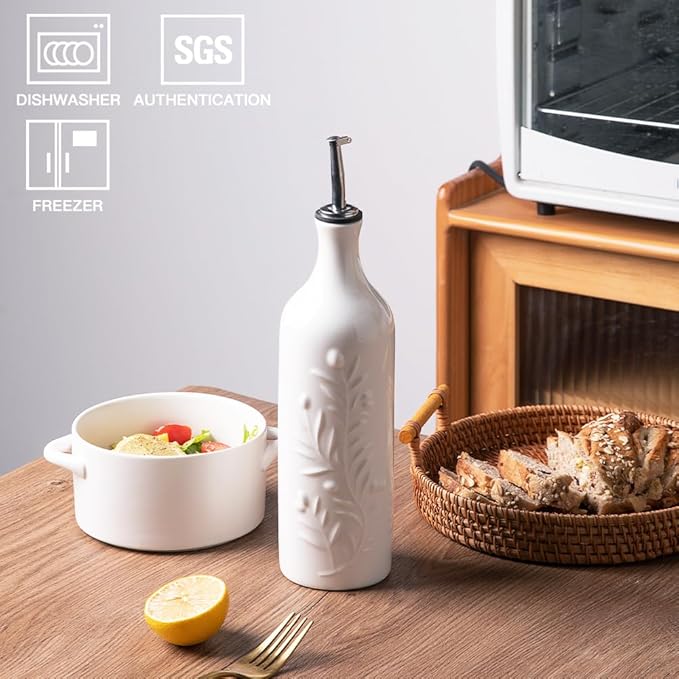 Sweejar Large Olive Oil Dispenser Bottle with Spout, 24 Oz Ceramic Oil Dispenser for Kitchen, Relief Opaque Oil Cruet, Oil Container for Cooking, EVOO, Avocado Oil, Vinegar, Pack of 1 (White)-Ruum Studio Home