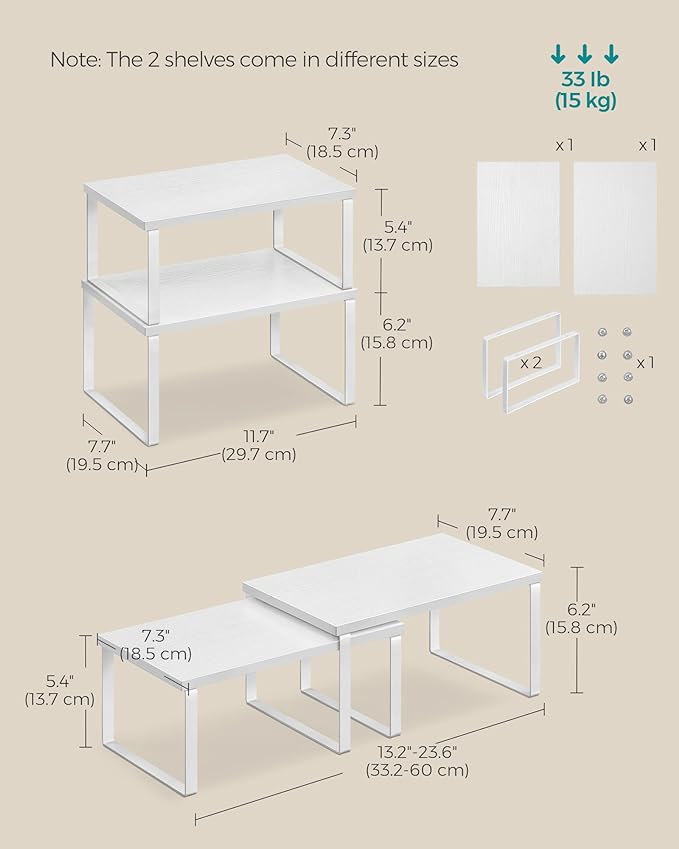 SONGMICS Cabinet Organizer Shelf, Set of 2 Kitchen Counter Shelves, Kitchen Storage, Spice Rack, Stackable, Expandable, Metal and Engineered Wood, Cloud White and Snow White UKCS02W01-Ruum Studio Home