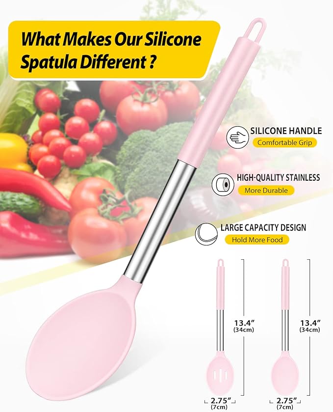 Pack of 2 Large Silicone Cooking Spoons,Non Stick Solid Basting Spoon,Heat-Resistant Kitchen Utensils for Mixing,Serving,Draining,Stirring (PINK)-Ruum Studio Home