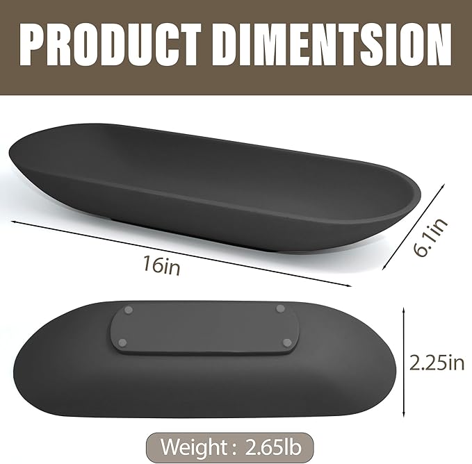 Large Decorative Bowl for Home Decor - Long Dough Bowl with Anti Slip Base for Table Centerpieces - Black Minimalist Design Dough Decor Bowl for Coffee Table, Dining Table Centerpiece-Ruum Studio Home