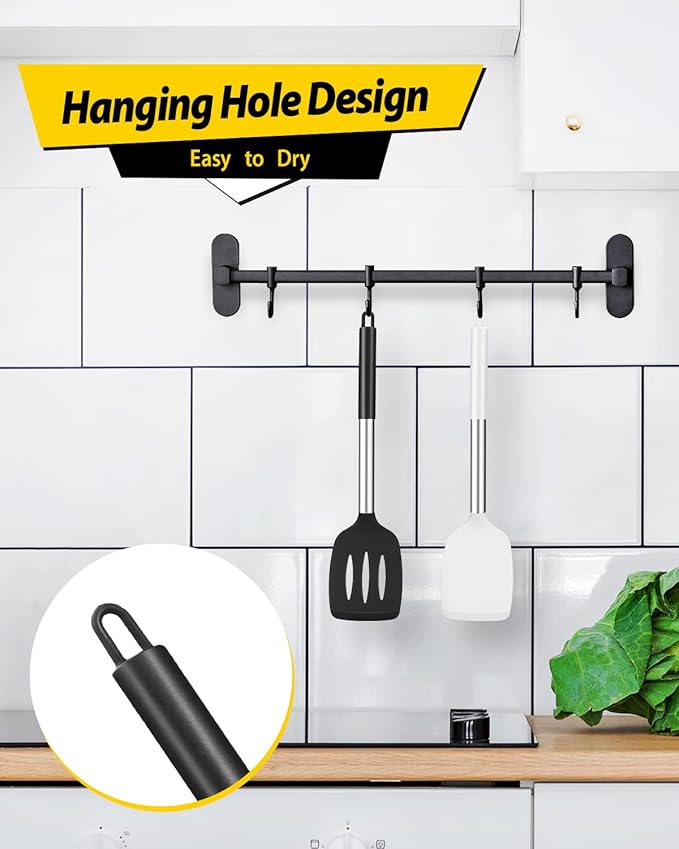 Pack of 2 Silicone Solid Turner, Non Stick Slotted Kitchen Spatulas, High Heat Resistant BPA Free Cooking Utensils, Ideal Cookware for Fish, Eggs, Pancakes(Black-White)-Ruum Studio Home