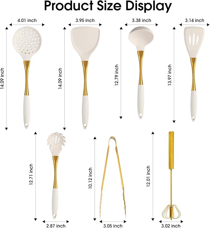 Elegant White Gold Silicone Cooking Utensils Set - Non-Toxic, Dishwasher Safe Kitchen Utensils Set with Heat Resistant Comfort Handles - Includes Spatula & Spoon for Nonstick Cookware-Ruum Studio Home