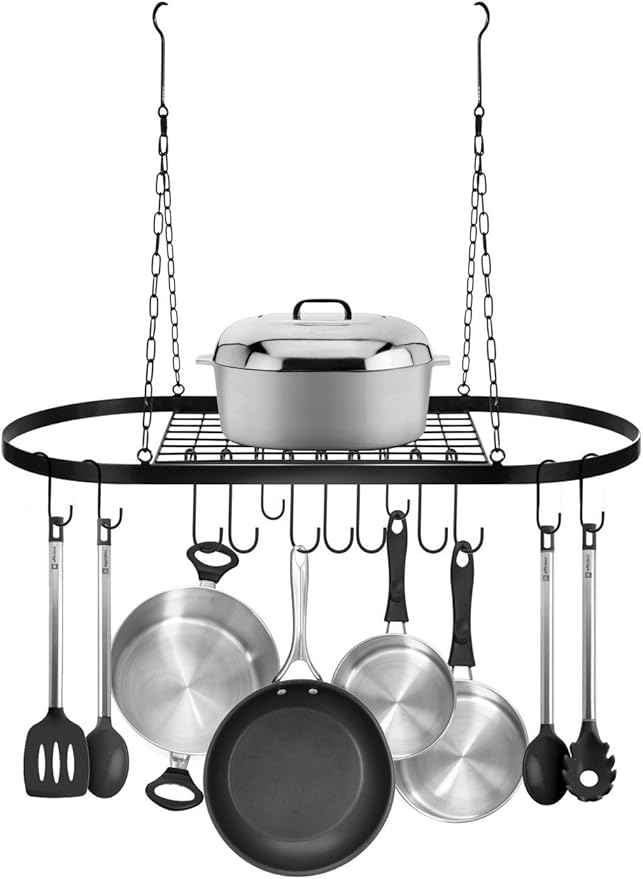 Sorbus® Pot and Pan Rack for Ceiling with Hooks — Decorative Oval Mounted Storage Rack — Multi-Purpose Organizer for Home, Restaurant, Kitchen Cookware, Utensils, Books, Household (Hanging Black)-Ruum Studio Home