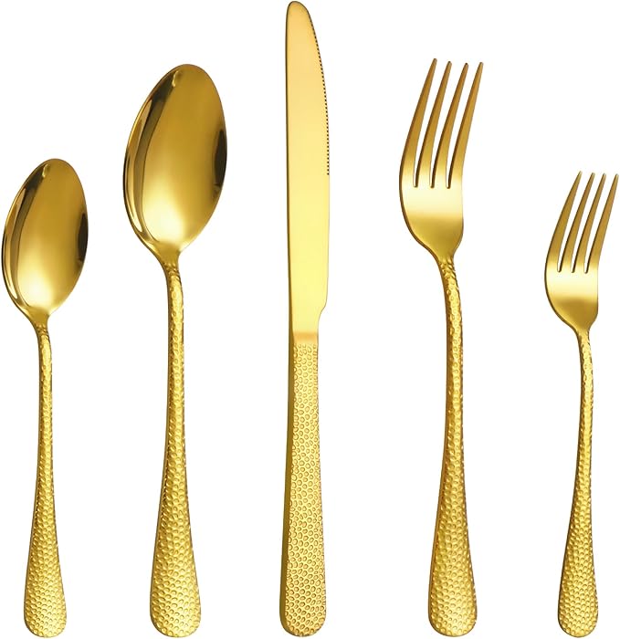 20 Pcs Gold Silverware Set for 4 with Hammered Design, Food Grade Stainless Steel Flatware Set, Eating Utensils Sets Include Fork/Knife/Spoon, Cutlery Set, Dishwasher Safe-Ruum Studio Home