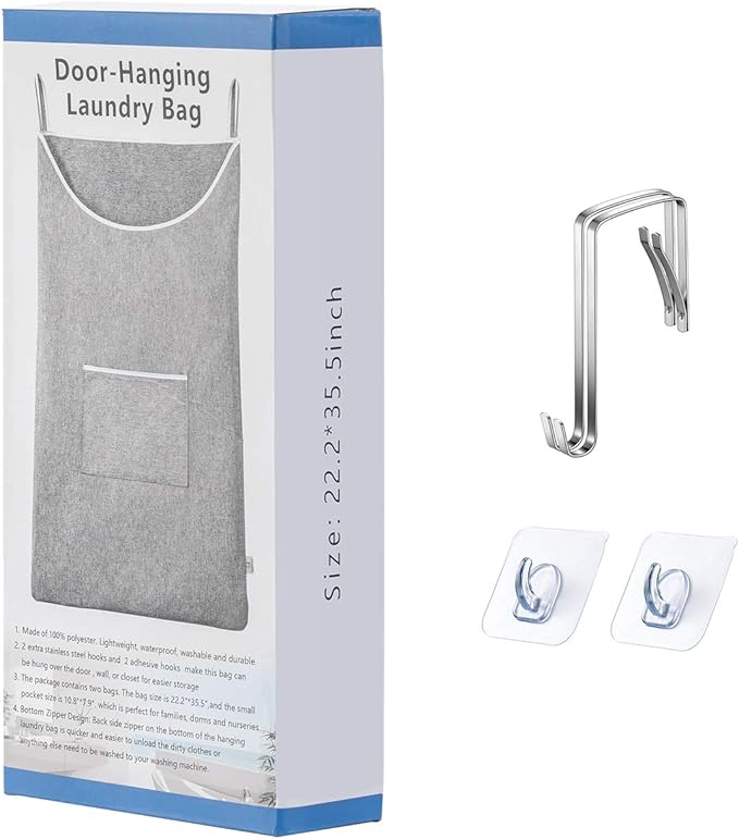 X-Large Hanging Laundry Hamper Bag, Door Hanging Hamper with Front Pocket Dirty Clothes Hanging Laundry Bag Large Size 35X22 inch Door Laundry Basket (Grey)-Ruum Studio Home