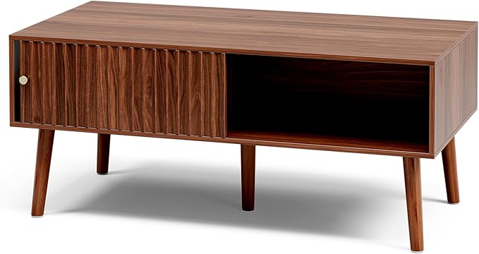 Coffee Table with Storage, Mid Century Dining Table with Sliding Fluted Door and Solid Wood Legs, Small Coffee Tables for Living Room, Walnut-Ruum Studio Home