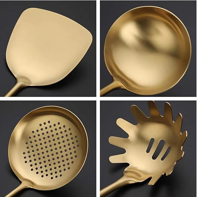 Generic Stainless Steel Kitchen Utensil Set, Spoon, Spatula, Pasta Server, Small Spatula (Black & Gold)-Ruum Studio Home