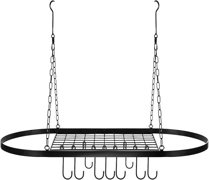 Sorbus® Pot and Pan Rack for Ceiling with Hooks — Decorative Oval Mounted Storage Rack — Multi-Purpose Organizer for Home, Restaurant, Kitchen Cookware, Utensils, Books, Household (Hanging Black)-Ruum Studio Home