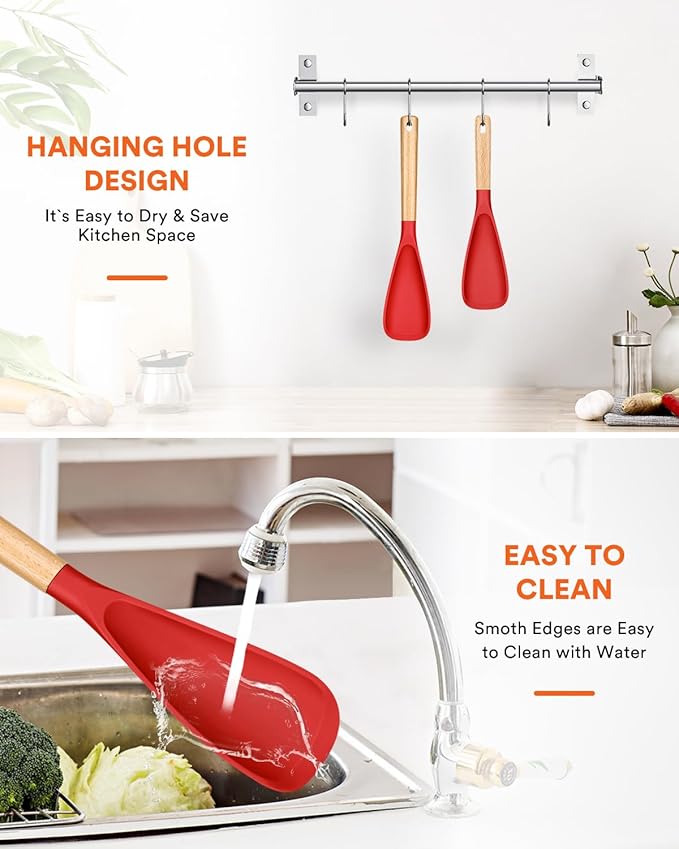 Multifunction Spatula Spoon for Nonstick Cookwares, Great for Cooking and Serving, Sturdy BPA-Free Matte Silicone, Wood Handle Spatula for Mixing, Scoop, and Scrape, Red(2 pack,11.4" & 13.4")-Ruum Studio Home