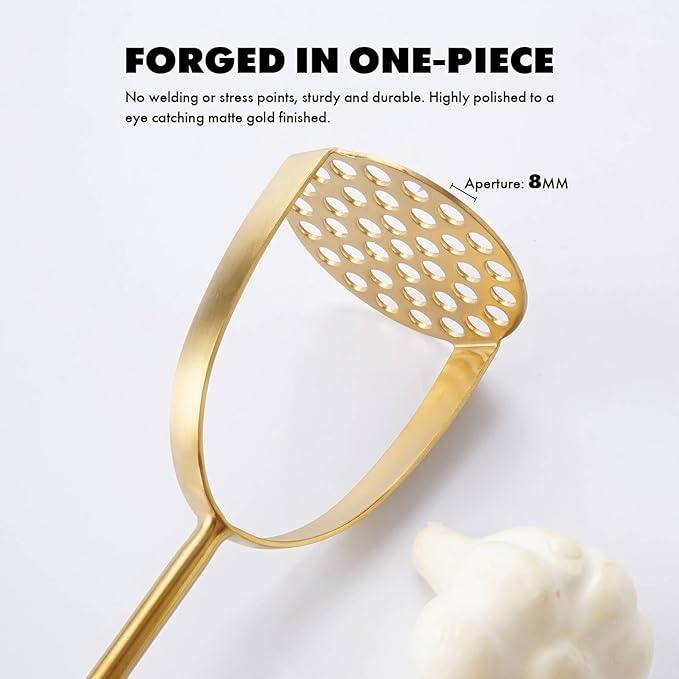 Gold Kitchen Utensils Set, 12 PCS Brass Matte Serving Utensils, 18/10 Stainless Steel All Metal Cooking Tools - Potato Masher, Tongs, Meat Fork, Spatula, Turner, Ladle, Skimmer, Spaghetti Spoon Set-Ruum Studio Home