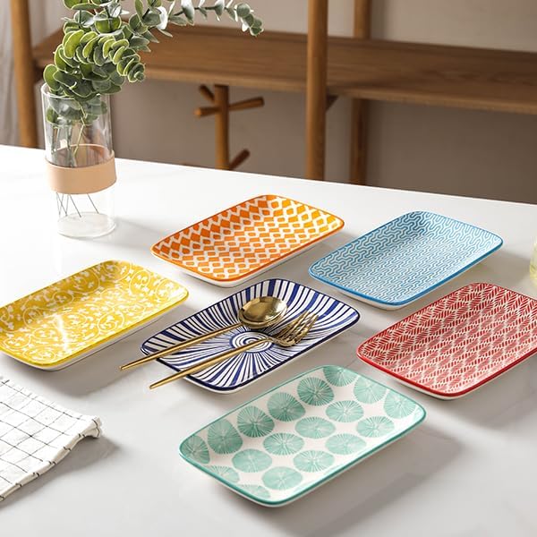 Selamica Ceramic Rectangular Salad Plates Set, Dinner Plate 9.4 Inch Dessert Plates for Party Entertaining, Small Serving Plates for Appetizers, Sushi, Fruit, Set of 4, Assorted Colors-Ruum Studio Home