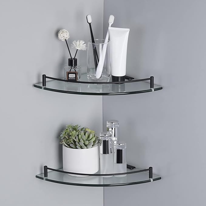 KES Bathroom Glass Corner Shelf Tempered Glass Shelf with Rail Wall Mount Corner Shelf SUS 304 Stainless Steel Matte Black 2 Pack, BGS2101A-BK-P2-Ruum Studio Home