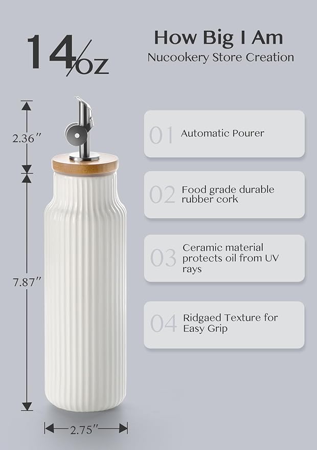 Nucookery Ceramic Olive Oil Dispenser Bottle for Kitchen, 14 oz Opaque Vinegar Dispenser Bottle, Large Capacity Cooking Oil Container for Storage Vinegar, Soy Sauce, Coffee Syrup, White-Ruum Studio Home
