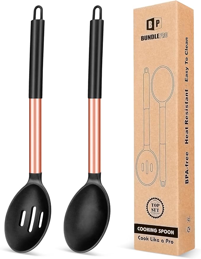Pack of 2 Large Silicone Cooking Spoons,Non Stick Solid Basting Spoon,Heat-Resistant Kitchen Utensils for Mixing,Serving,Draining,Stirring (ROSE GOLD BLACK)-Ruum Studio Home