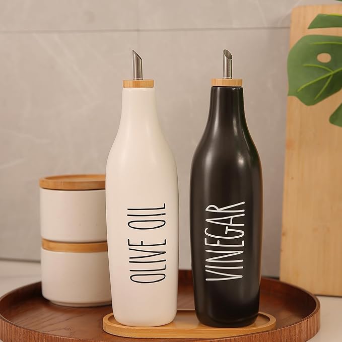 HOMCDALY Olive Oil and Vinegar Dispenser Set, 16oz Ceramic Oil Dispenser for Kitchen, Kitchen Dispenser Bottle for EVOO Vinegar Syrups, Modern Farmhouse Design| Set of 2 – P-Black&White-Ruum Studio Home
