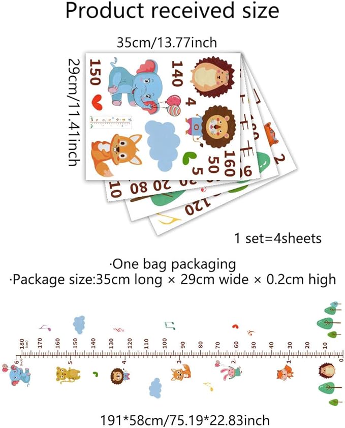 Cartoon Animals Self-adheve Vinyl Nursery Wall Decal Baby Growth Chart Sticker for Bedroom Play Room-Ruum Studio Home