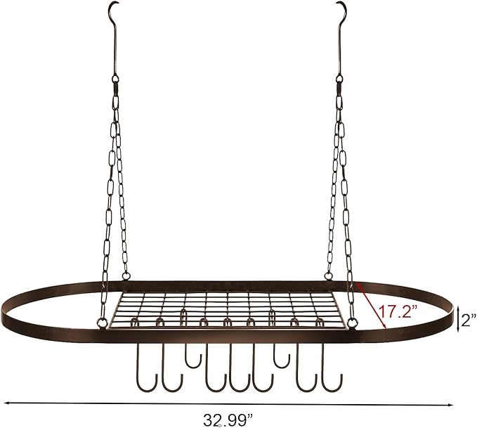 Sorbus Pot and Pan Rack for Ceiling 31" with 10 S Hooks — Decorative Oval Mounted Storage Rack — Multi-Purpose Organizer Great for Home, Restaurant, Kitchen Cookware, Utensils, Books, (Bronze)-Ruum Studio Home