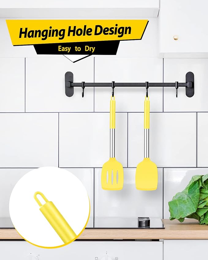 Pack of 2 Silicone Solid Turner, Non Stick Slotted Kitchen Spatulas, High Heat Resistant BPA Free Cooking Utensils, Ideal Cookware for Fish, Eggs, Pancakes(Yellow)-Ruum Studio Home