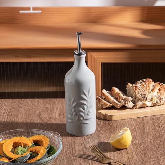 Sweejar Ceramic Olive Oil Dispenser Bottle, 20 Oz Relief Opaque Oil Cruet Protects Oil To Reduce Oxidation, Suitable for Storage Oil, Vinegar, Soy Sauce, Coffee Syrup, Liquids, Set of 1 (Gray)-Ruum Studio Home