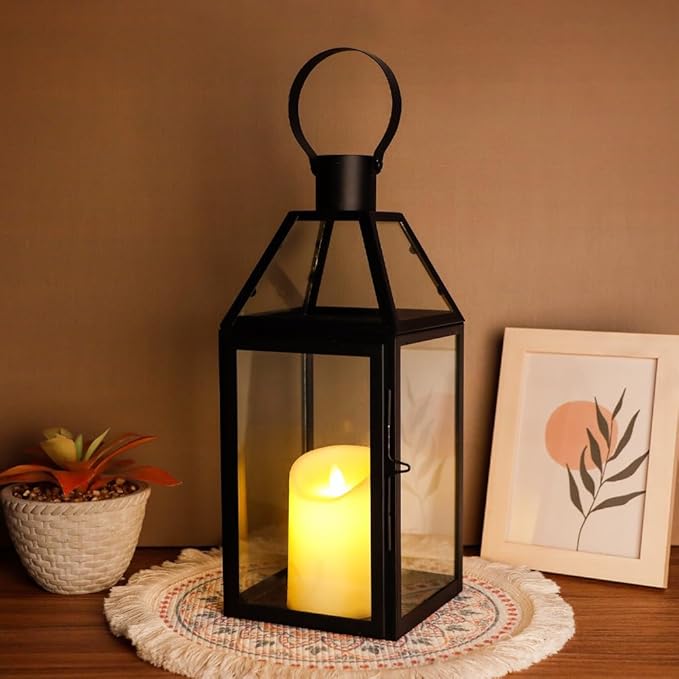 JHY DESIGN Black Decorative Lanterns 16“H Decorative Candle Lantern with Tempered Glass for Indoor Outdoor Events Parities and Weddings-Ruum Studio Home