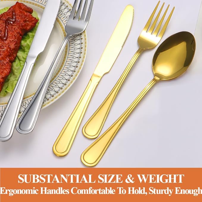 40 Pcs Gold Silverware Set for 8 with Simple Striped Handle Design, Food Grade Stainless Steel Flatware Set, Eating Utensils Sets Include Fork/Knife/Spoon, Cutlery Set, Dishwasher Safe-Ruum Studio Home