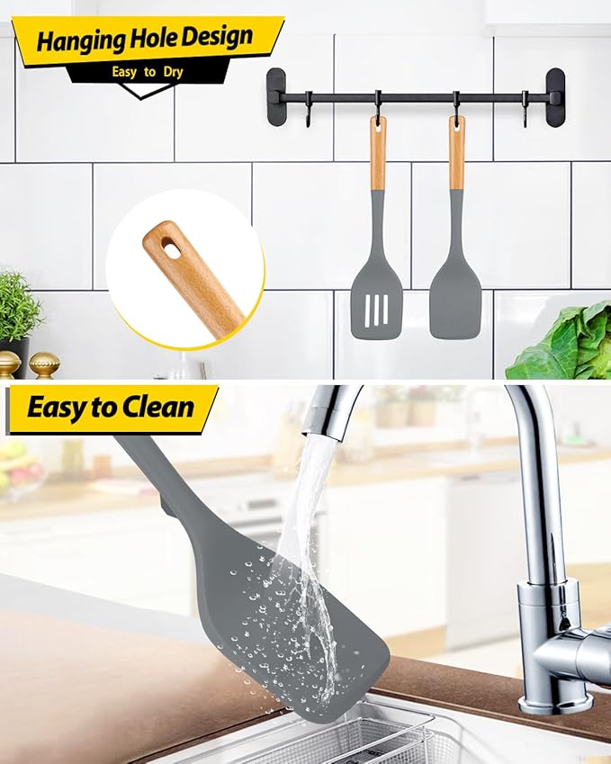 Pack of 2 Large Silicone Spatula, Heat Resistant Solid Turner, Non Stick Slotted Spatulas with Wooden Handle, Ideal Kitchen Utensils for Flipping, Pancakes, Eggs, Fish(GRAY)-Ruum Studio Home