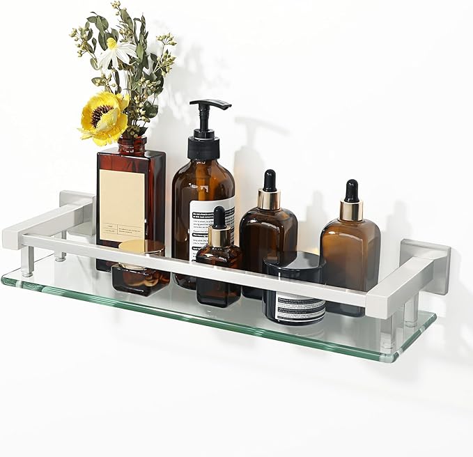 Alise Bathroom Glass Shelf with Stainless Steel Railing, Brushed Nickel Small Tempered Glass Floating Wall Shelf Over The Toilet, 16 inch-Ruum Studio Home
